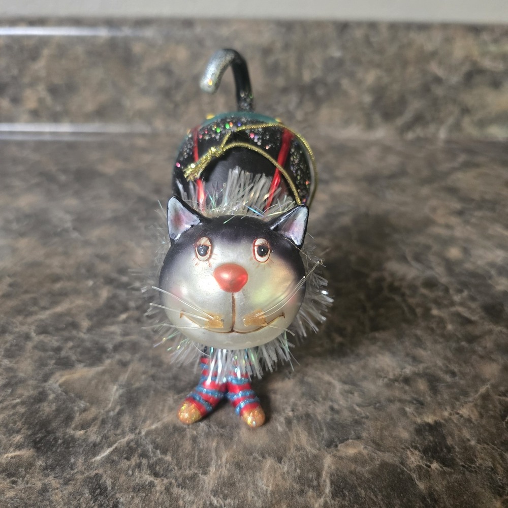 Whimsical Black Cat Christmas Ornament Glitter Tinsel Jeweled 4" Holiday Decor